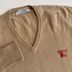 Vintage Burberry Men's V Neck Sweater Sz 38 Tan 100% Lambswool Scotland